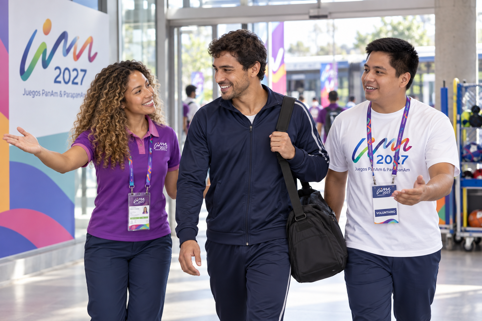 Voluntaria dando la bienvenida a un atleta en la sede