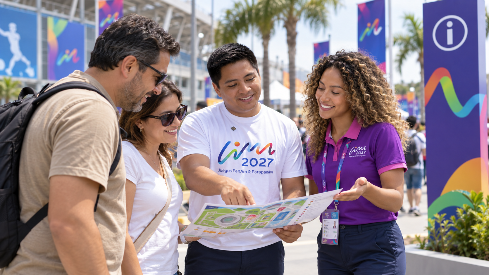 Voluntarios mostrando el mapa del recinto a visitantes