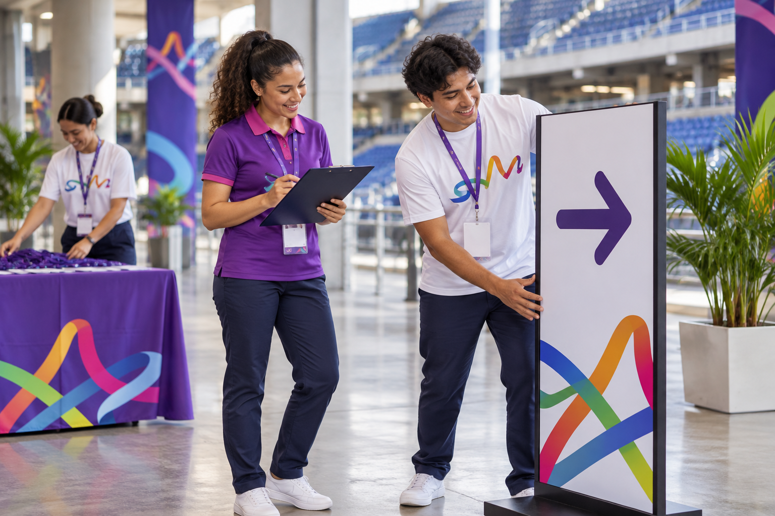 Voluntarios preparando la señalización de una sede deportiva