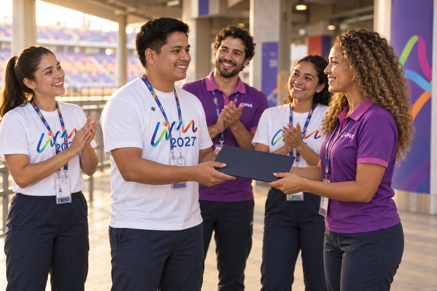 Equipo aplaudiendo a una voluntaria que recibe un reconocimiento