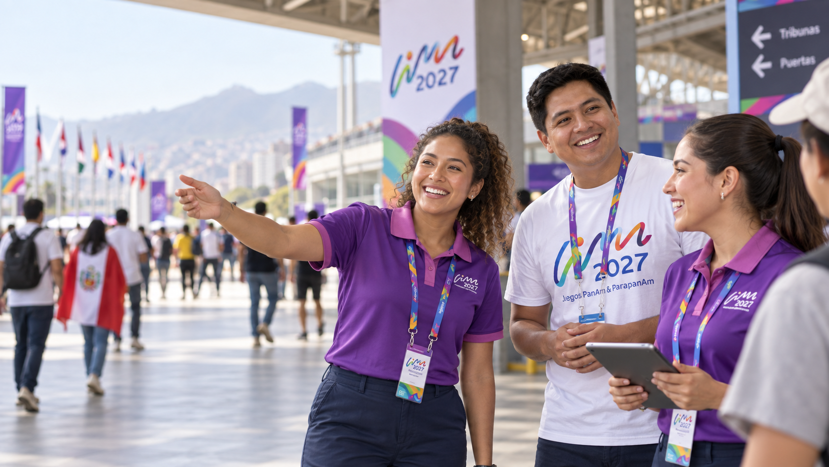 Equipo de voluntariado listo para recibir al público en una sede deportiva